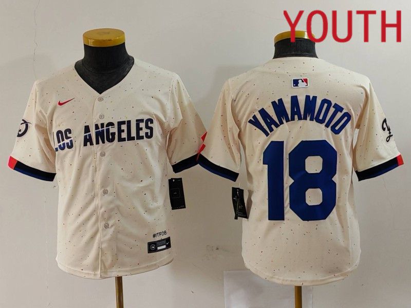 Youth Los Angeles Dodgers #18 Yamamoto Cream Fashion Nike Game MLB Jersey style 701